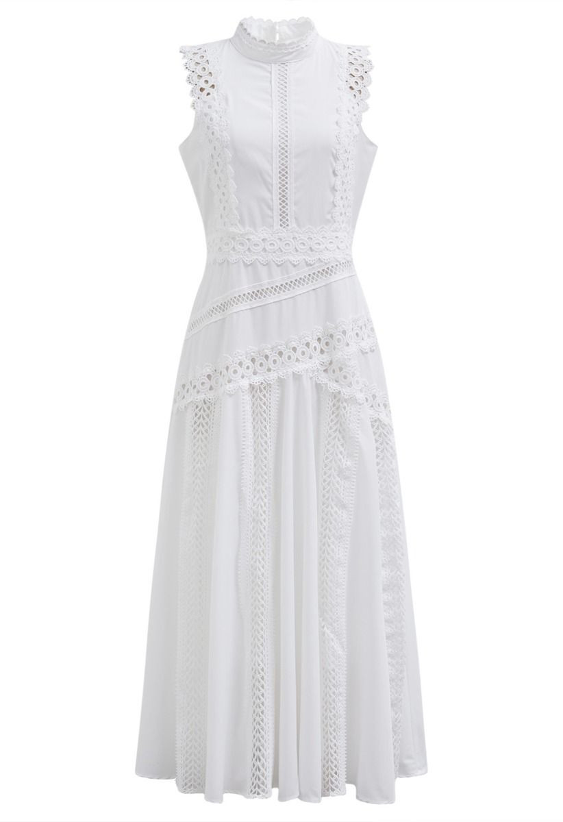 Dive into Elegance Lace Panelled Sleeveless Dress in White | Chicwish