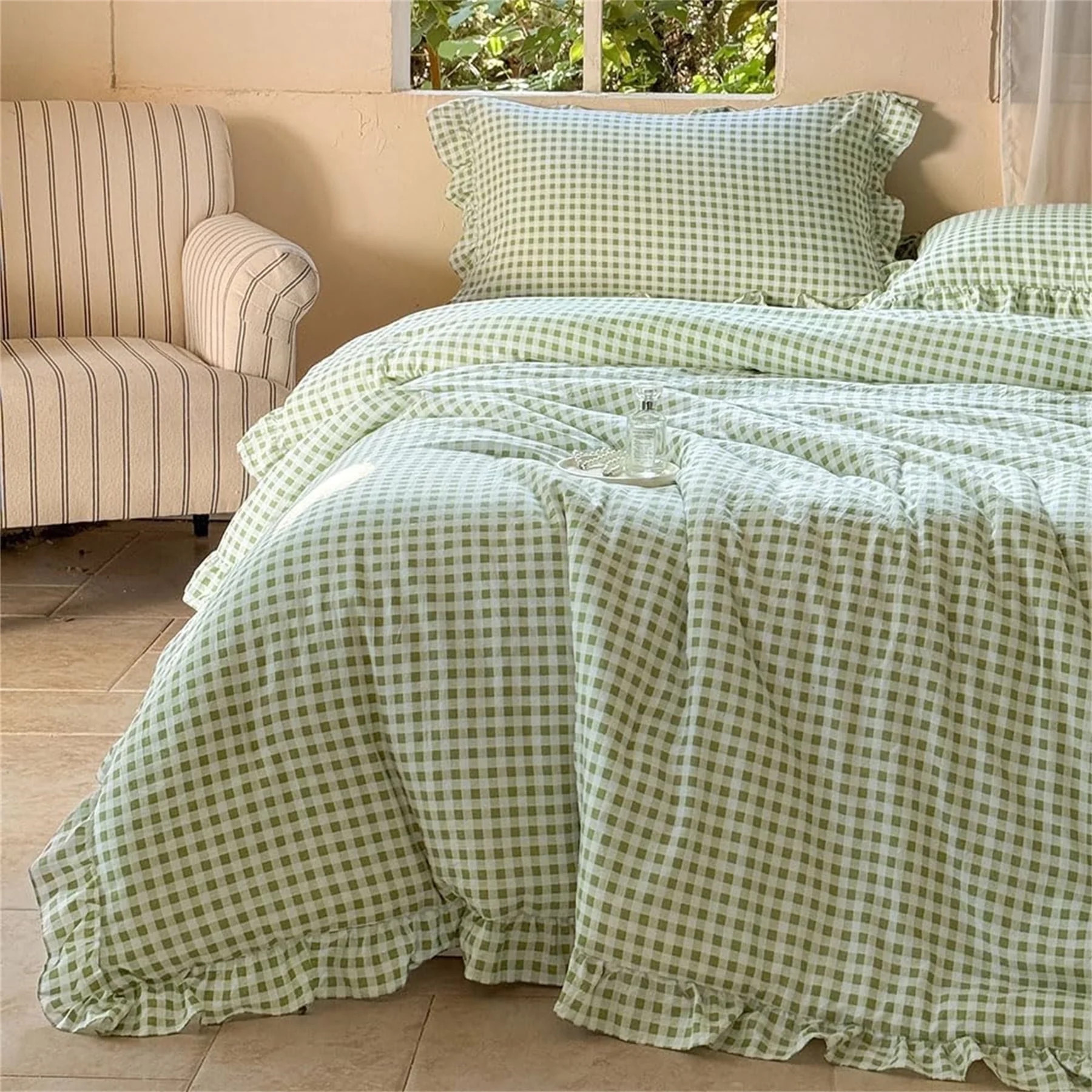 Sage Green Gingham Ruffle King Comforter Set, Green Ruffled Plaid Bedding Set, Ruffled Checked Be... | Walmart (US)