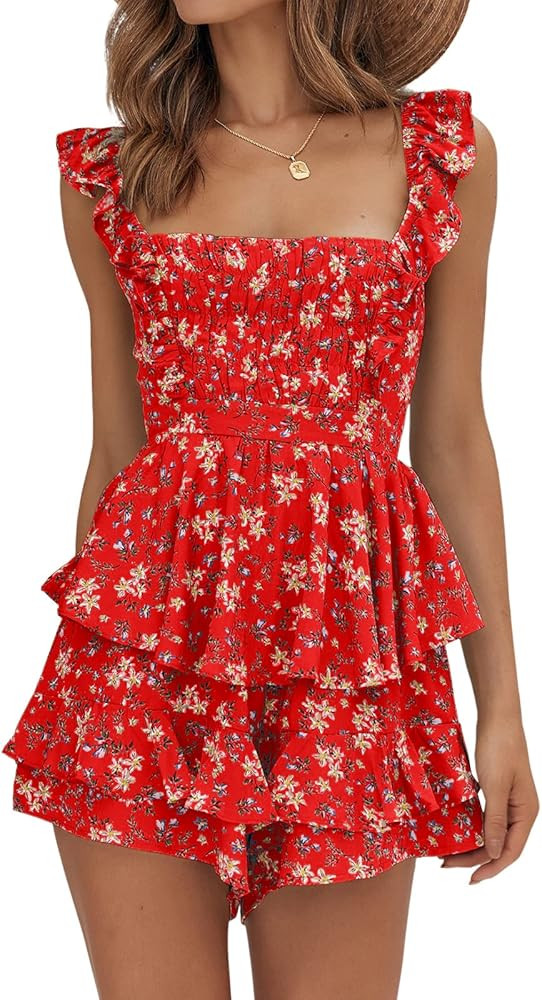 Farktop Womens Sexy Summer Romper Floral Square Neck Ruffle Strap Layer Hem Shorts Jumpsuits | Amazon (US)