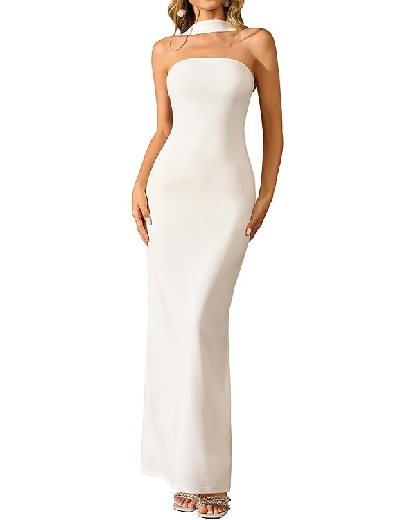 HTZMO Women Elegant Summer Bodycon Maxi Dress Halter Neck Formal Wedding Guest Cocktail Party Lon... | Amazon (US)