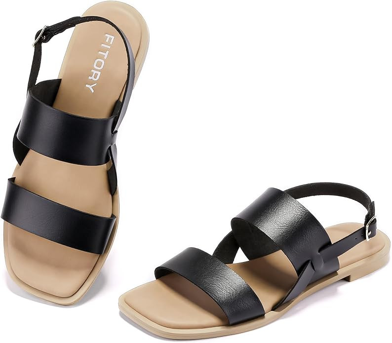 FITORY Women's Flat Sandals Fashionable Square Open Toe Adjustable Buckle Slippers Summer Size 6-... | Amazon (US)