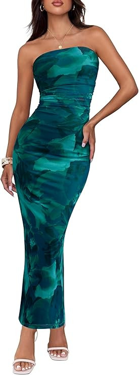 BTFBM Women Summer Strapless Maxi Dress 2026 Bodycon Floral Long Wedding Guest Dress Formal Tube ... | Amazon (US)