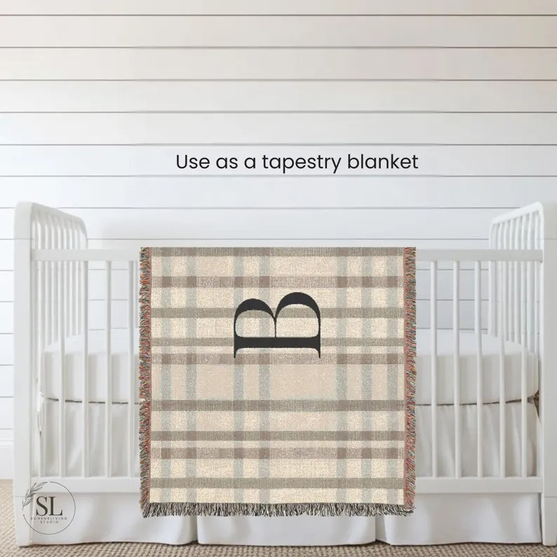 Green and Brown Plaid Monogram Large Woven Tapestry for Bedroom Modern Farmhouse Cottage Home Dec... | Etsy (US)