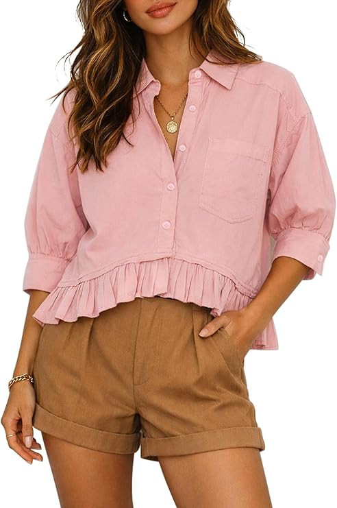 CHYRII Womens Summer Tops Dressy Casual Blouse Top Ruffled Short Sleeve Button Down Striped Shirt | Amazon (US)