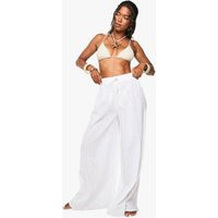 Womens Linen Wide Leg Beach Pants - White - S | boohoo (US & Canada)