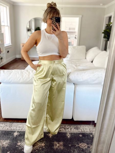 Dress down a satin trouser with cropped tank and white platform sneakers. This spring outfit is so chic and easy. Pants run big, size down I’m in a small 

#LTKFind #LTKstyletip #LTKunder100