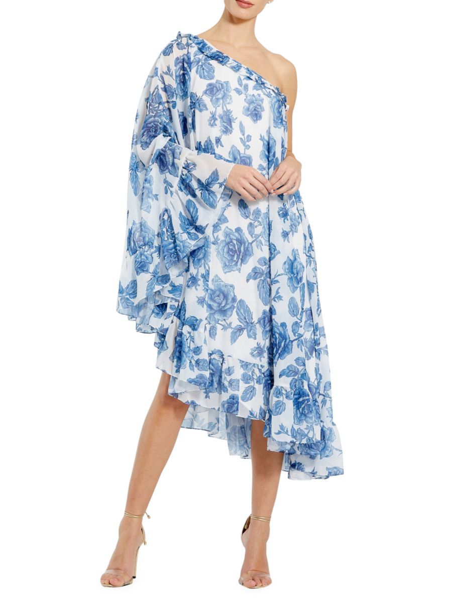 Floral Chiffon One-Shoulder Cape Midi-Dress | Saks Fifth Avenue