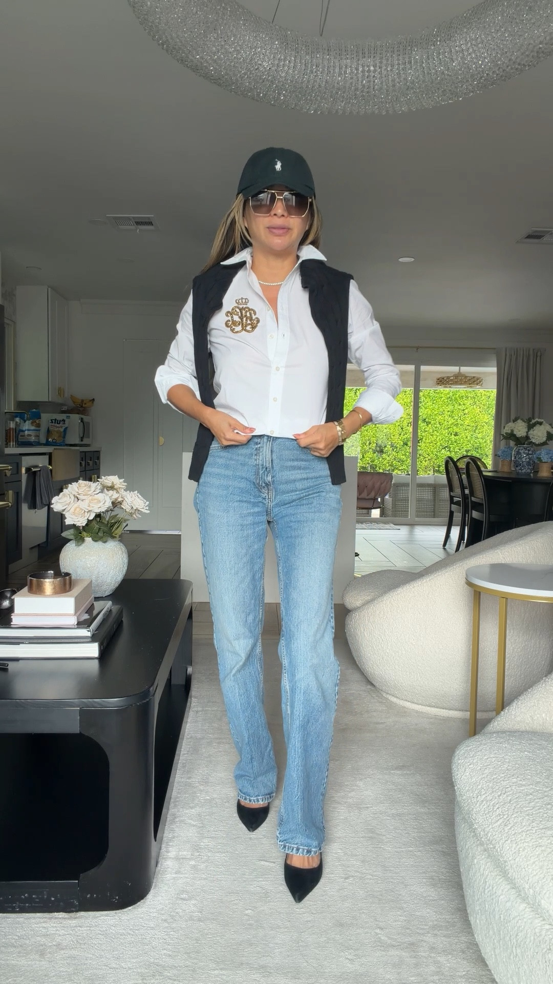 Ralph Lauren white button down. Gold embroidery. Best Zara jeans. Polo hat and crewnecncrew neck sweater. Size small and jeans a 4 

#LTKHoliday #LTKStyleTip