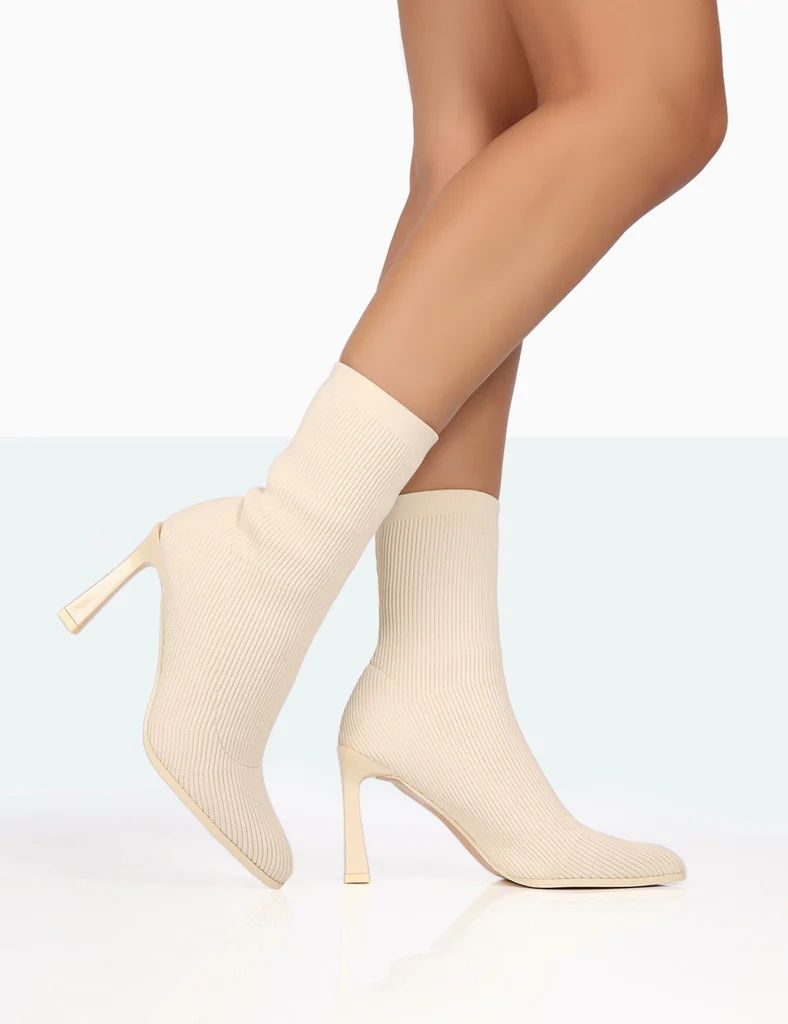 Farah Ecru Knitted Sock Stilleto Ankle Pointed Heeled Boots | Public Desire (US & CA)