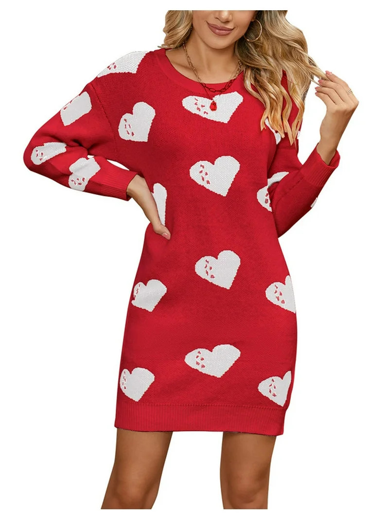 Valentines Day Sweater Dresses for Women Wrap Hip Slim Fit Cute Heart Sweaters Crew Neck Mid-Leng... | Walmart (US)