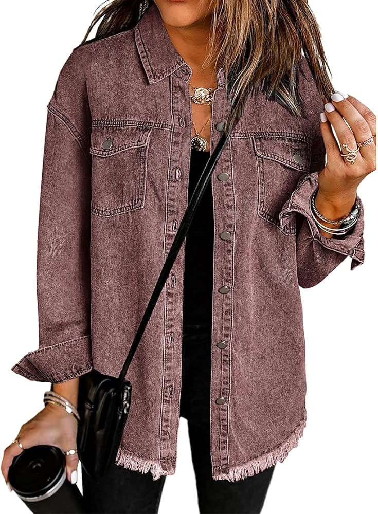 Vetinee Women’s Oversized Button Up Frayed Hem Shacket Long Sleeve Pockets Denim Jean Jacket | Amazon (US)