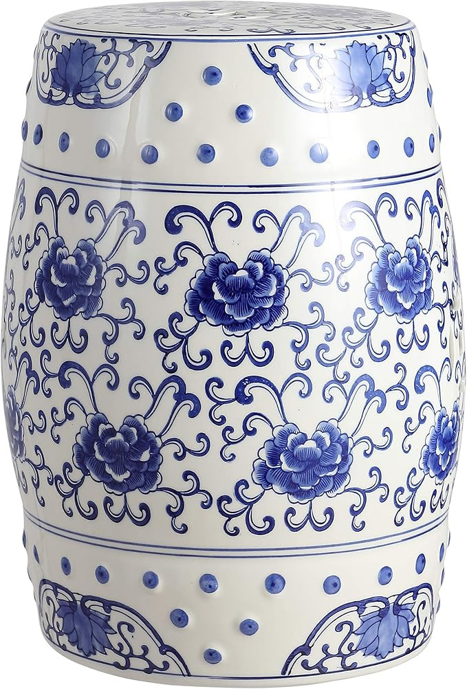 Jonathan Y Lotus Flower 17.8" Chinoiserie Ceramic Drum Garden Stool, Blue/White | Amazon (US)
