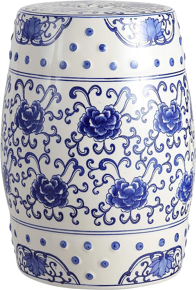 Jonathan Y TBL1000A Lotus Flower 17.8" Chinoiserie Ceramic Drum Garden Stool, Blue/White | Amazon (US)