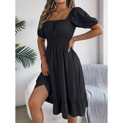 Women's Square Neck Puff Short Sleeve Smocked Waist Ruffle Hem Midi Dress Casual Spring Summer A-Line Short Dress Black L | Target
