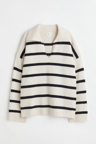 Soft, knit sweater with wool content. Collar with V-shaped opening, heavily dropped shoulders, an... | H&M (US + CA)
