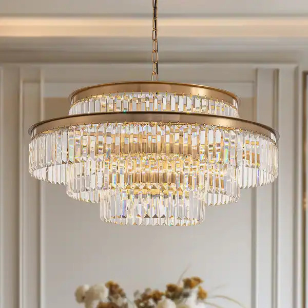 32 in. Drum Modern Crystal Chandelier 4-Tier Gold Brass Kitchen Island Pendant Light for Dining R... | Bed Bath & Beyond
