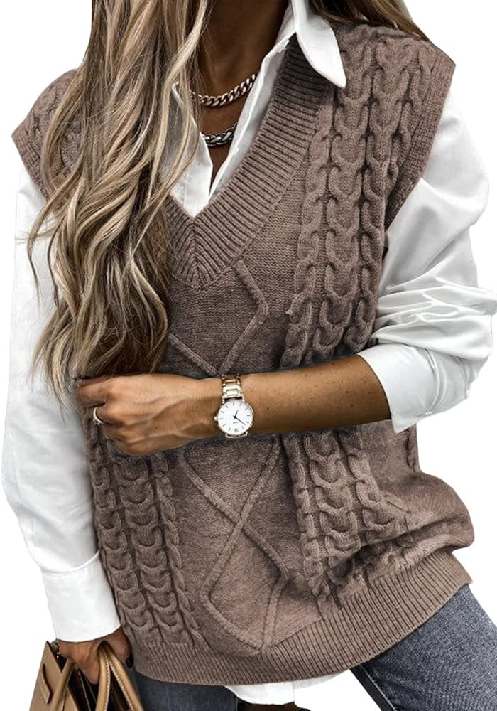 HOTAPEI Sweater Vest Women Oversized V Neck Sleeveless Sweaters Womens Cable Knit Tops | Amazon (US)