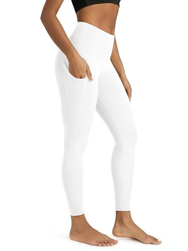 ODODOS Women's High Waisted 7/8 Yoga Leggings with Pockets, 25" Inseam Workout Athletic Running Yoga Pants, White, Large | Amazon (US)