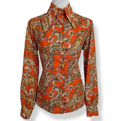 70s Vintage Lady Arrow Button Up Blouse Top Size 12 Orange Paisley Dagger Collar  | eBay | eBay US