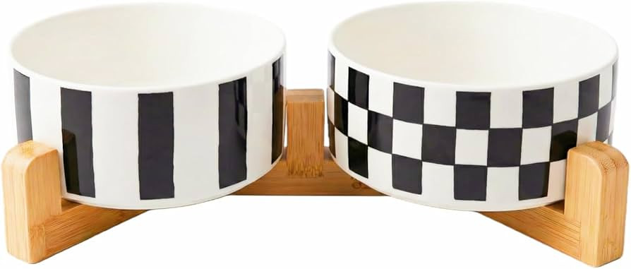TRUVIC Ceramic Dog Bowl Set of 2 with Wood Stand, Black and White Checkered & Striped Dog Food an... | Amazon (US)