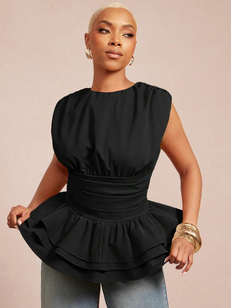 Vixey Solid Woven Round Neck Ruched Sleeveless Layered Peplum Hem Top | SHEIN