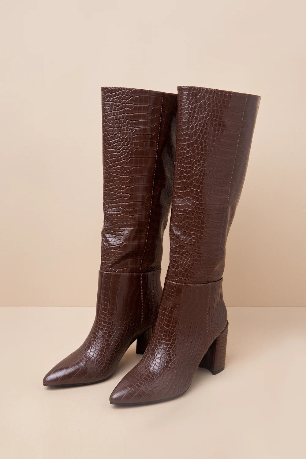 Katari Espresso Croc-Embossed Pointed-Toe Knee High Boots | Lulus