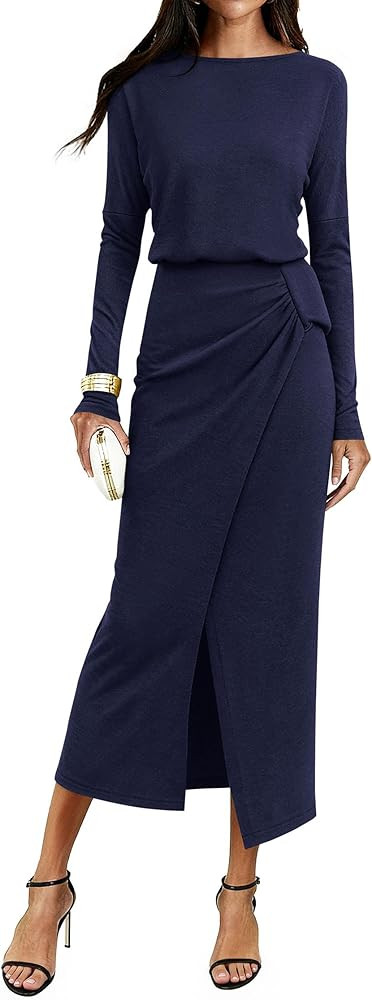 KIRUNDO Women’s Cocktail Wedding Guest Maxi Dress Lightweight Long Sleeve Boat Neck Knit Ruched... | Amazon (US)
