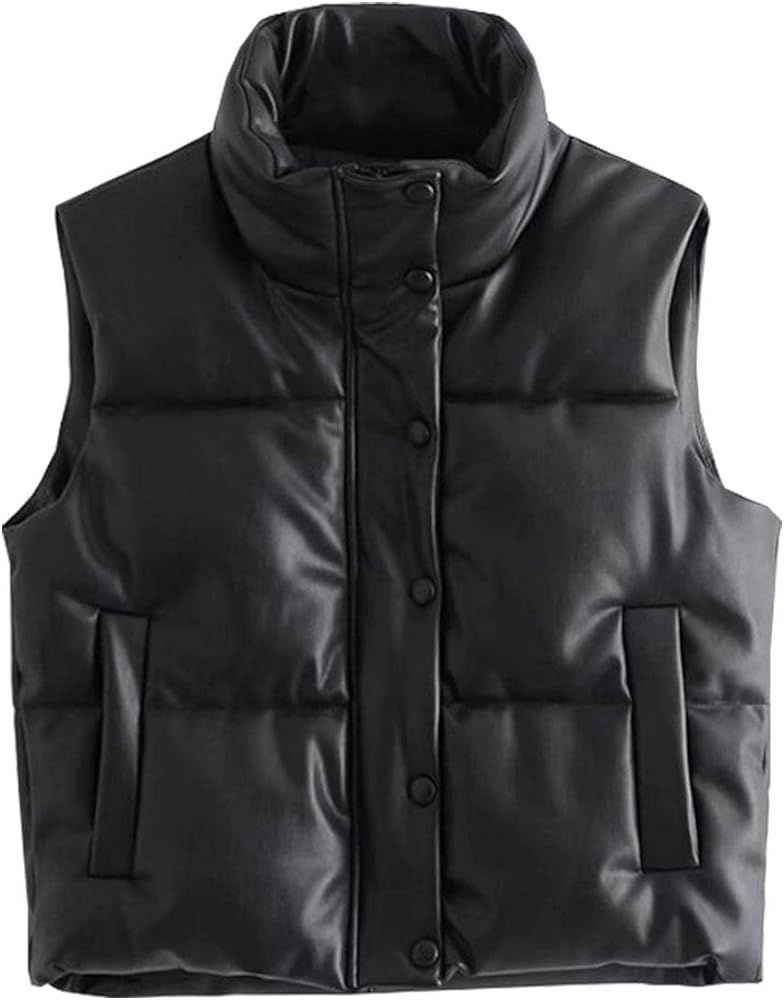 Kedera Women's Quilted Faux Leather Puffer Vest Zip Up Collared Sleeveless Padded Jacket | Amazon (US)