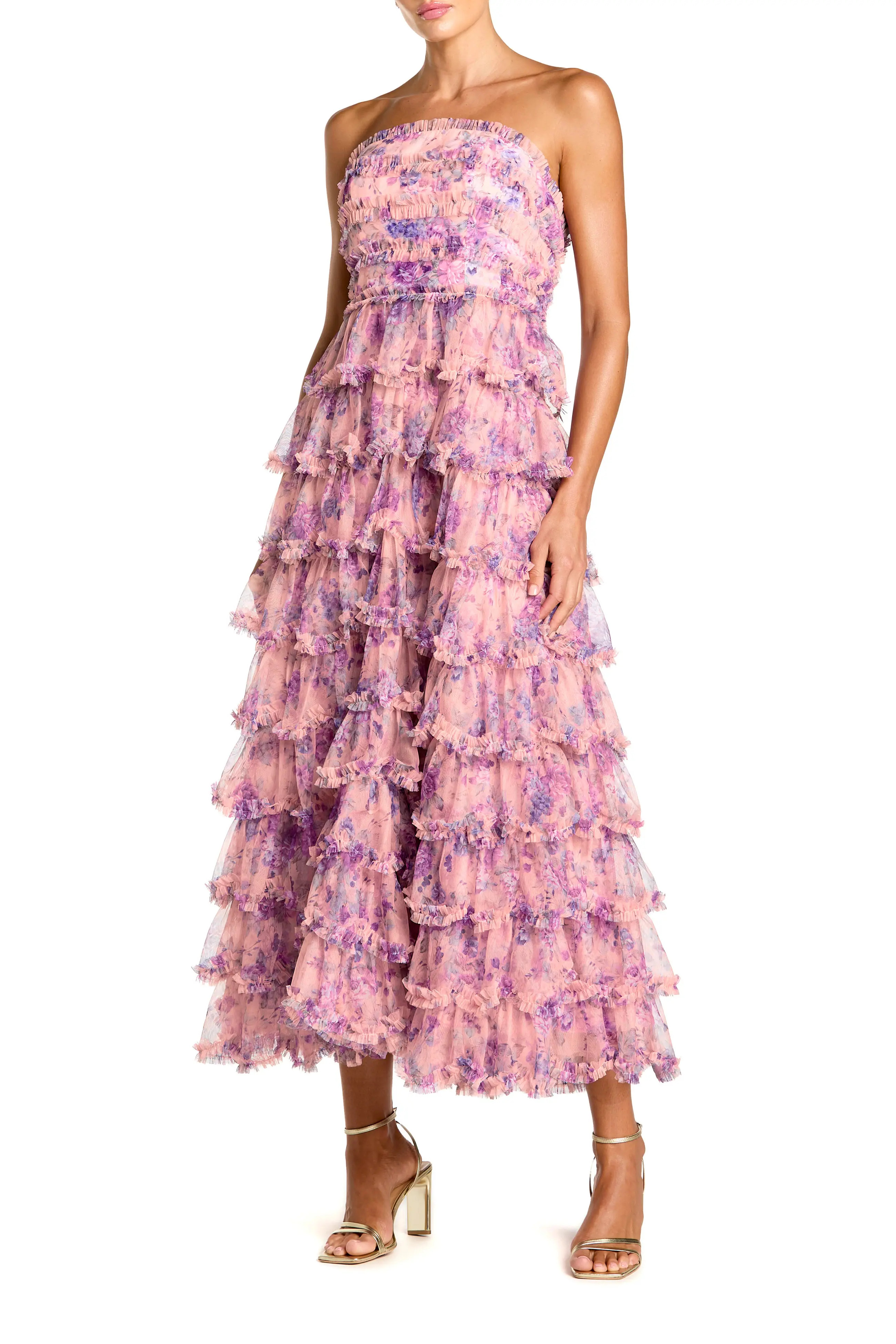 Printed Mesh Strapless Ruffle A Line Midi Dress (Women) | Nordstrom | Nordstrom