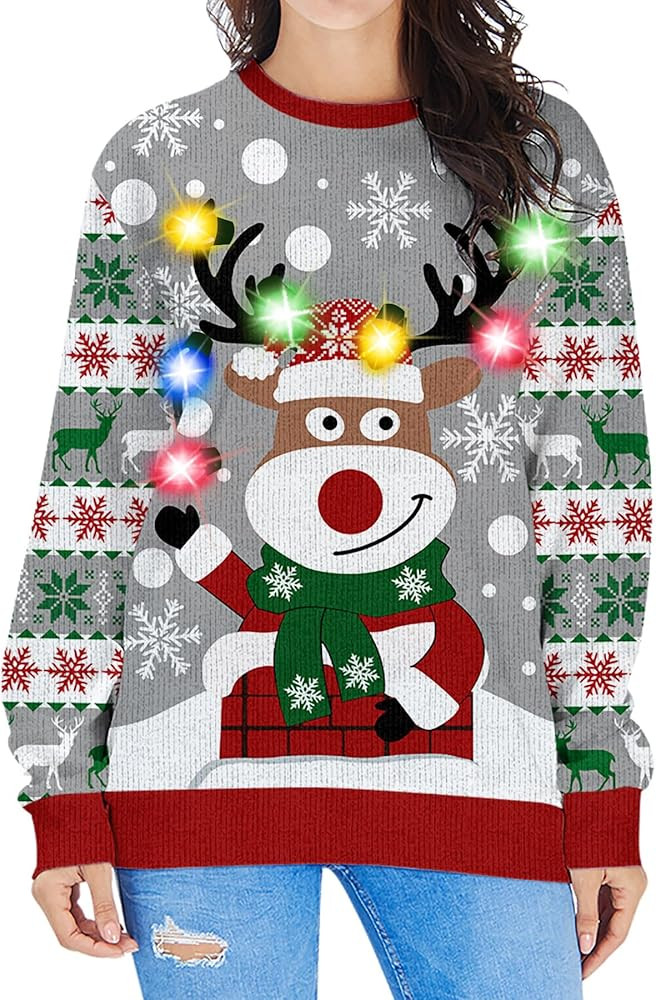 Fanient Women LED Light Up Ugly Christmas Sweater Snowflake Reindeer Xmas Sweater Built-in Light ... | Amazon (US)