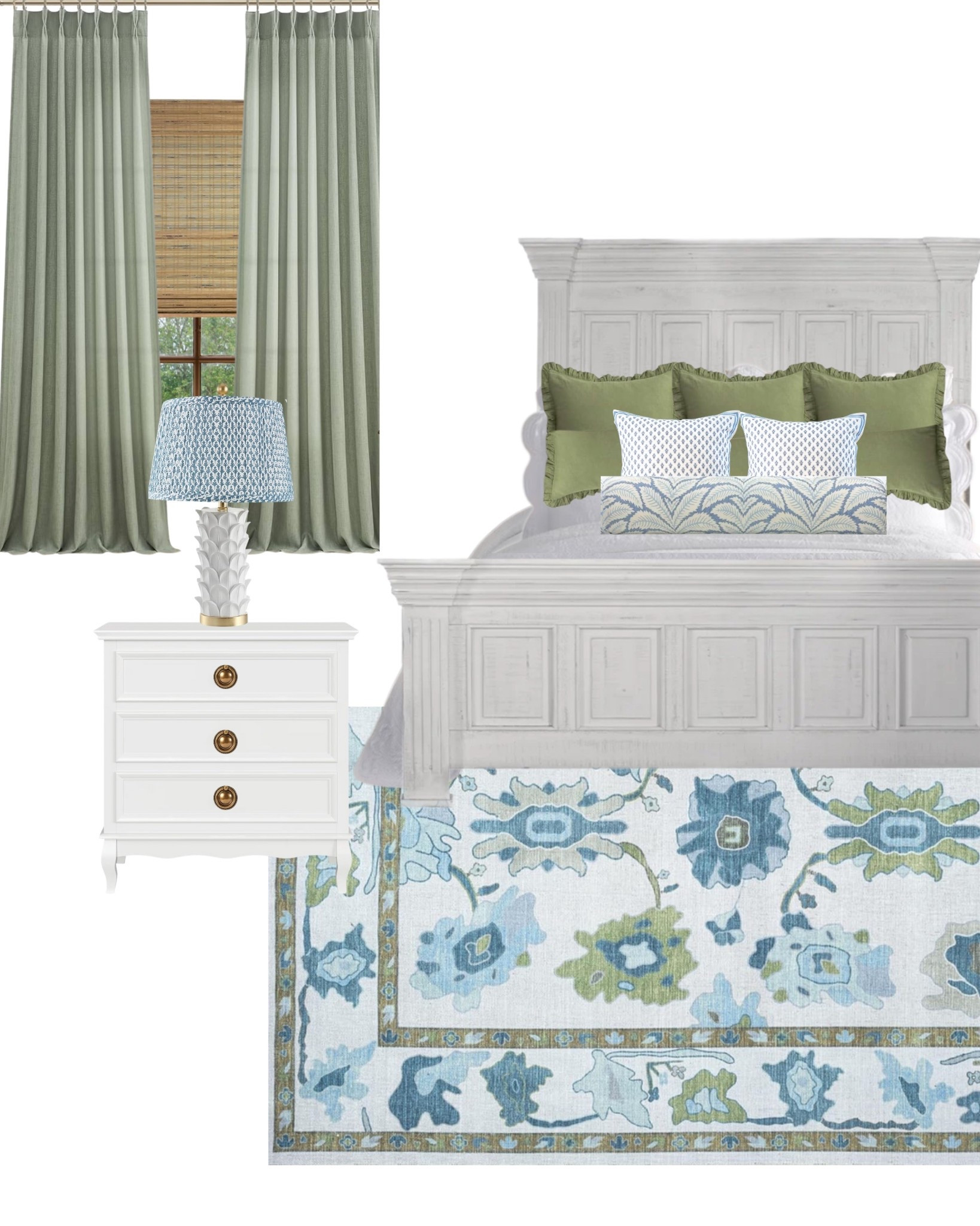 Fresh + serene: layers of sage, soft blues, and crisp whites come together for a timeless bedroom retreat 🌿💙✨