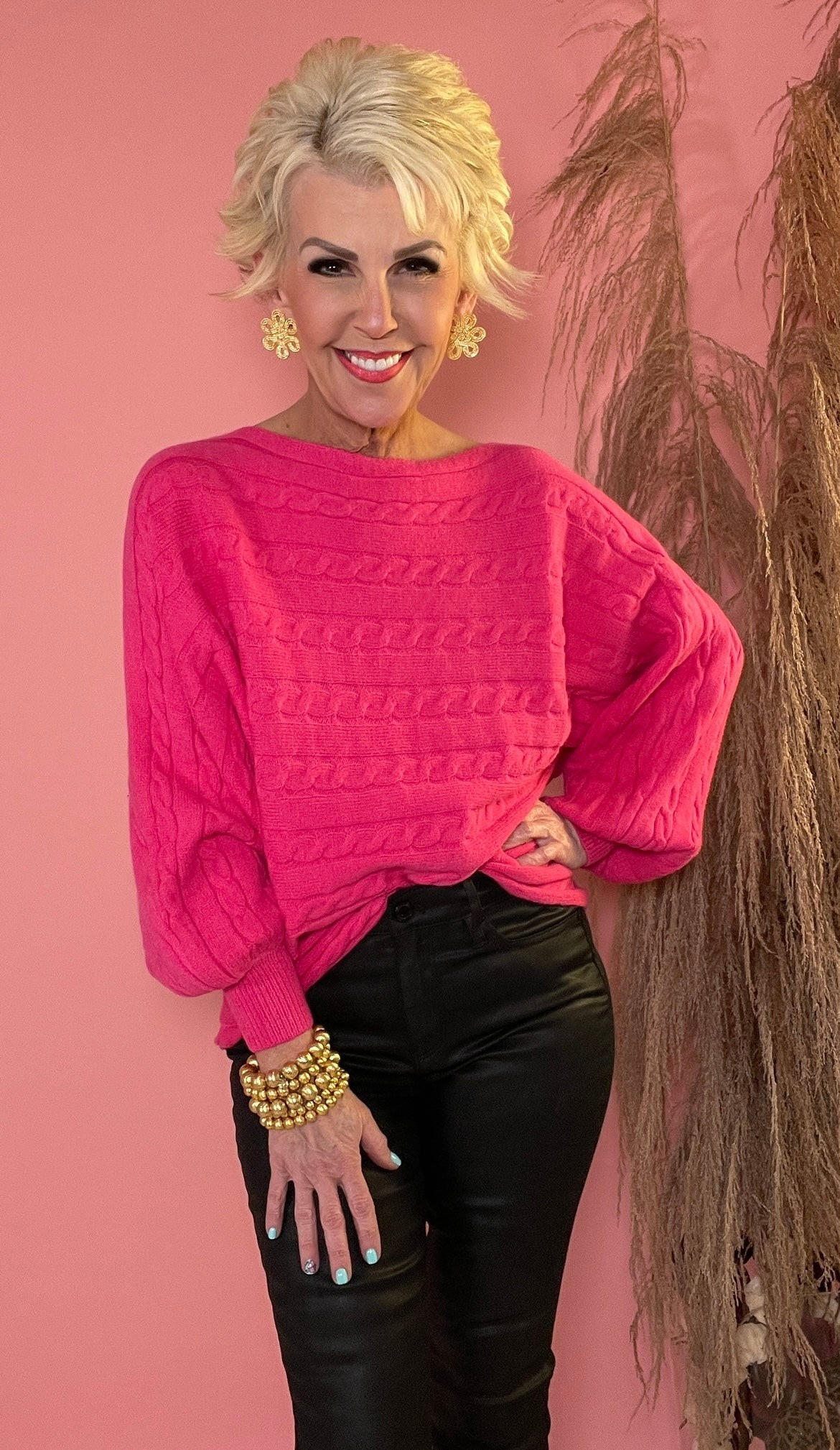 Hot Pink Cable Knit Sweater | Peppered with leopard