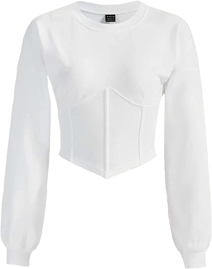 LOFAAC Women Crewneck Corset Crop Sweatshirt Casual Long Sleeve Drop Shoulder Asymmetrical Hem Pu... | Amazon (US)