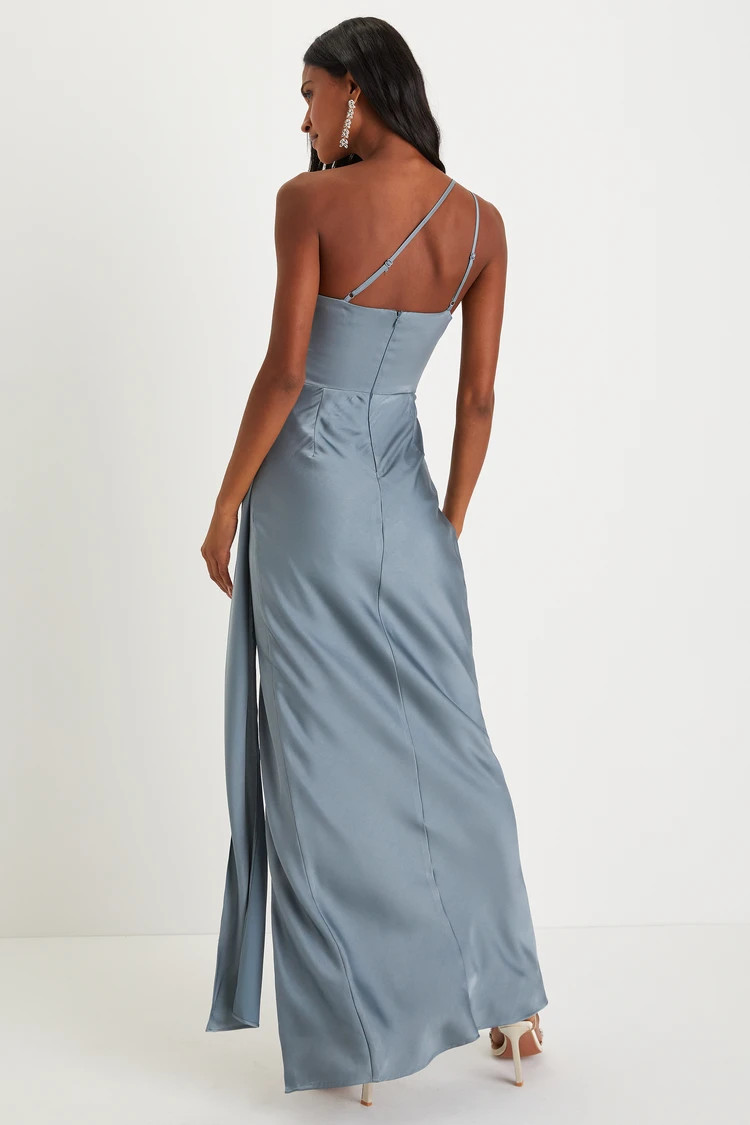 Signature Elegance Slate Blue Satin One-Shoulder Maxi Dress | Lulus