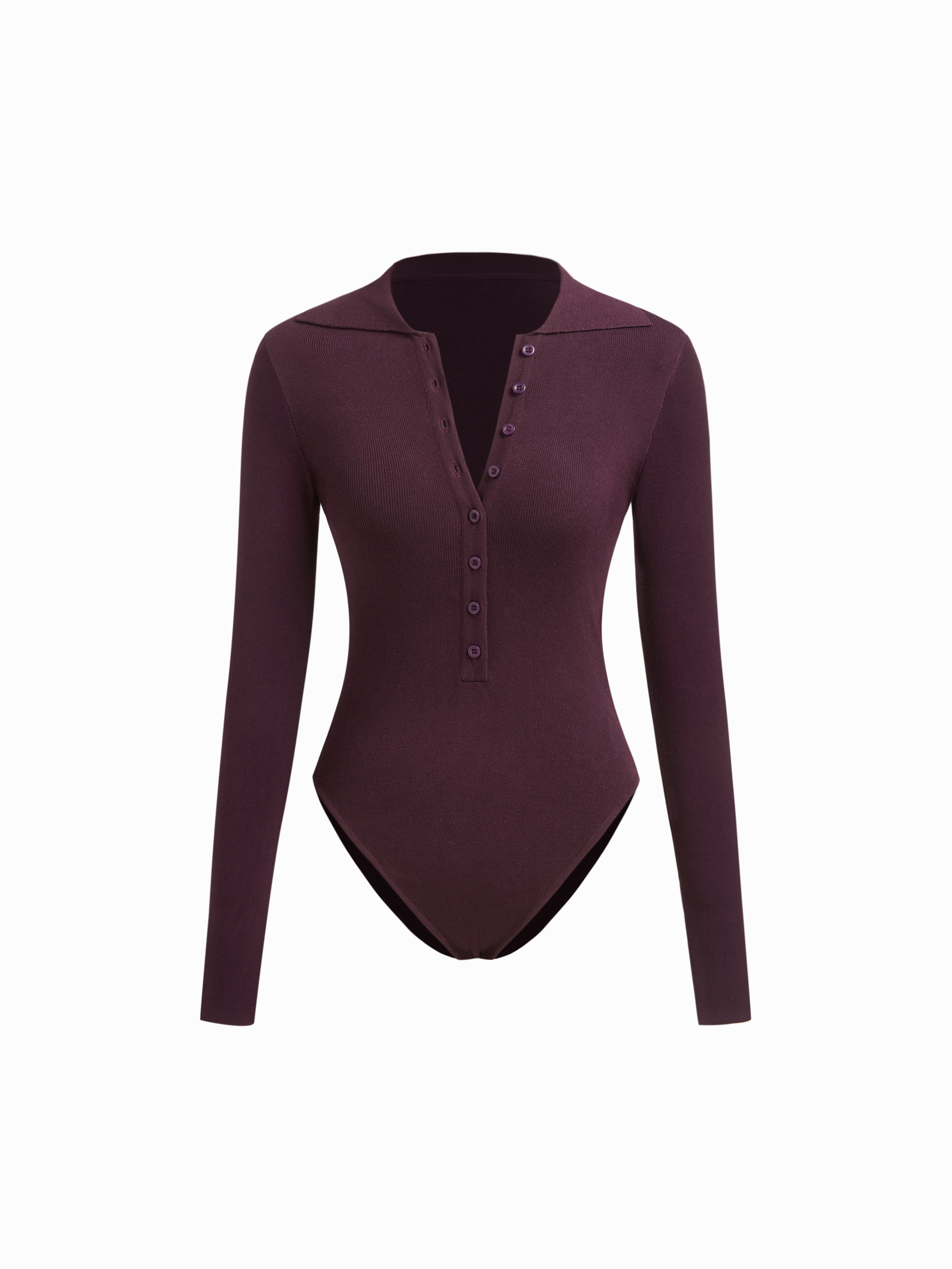 Knit Fabric Knit Collar Button Long Sleeve Bodysuit For Daily Casual | Cider