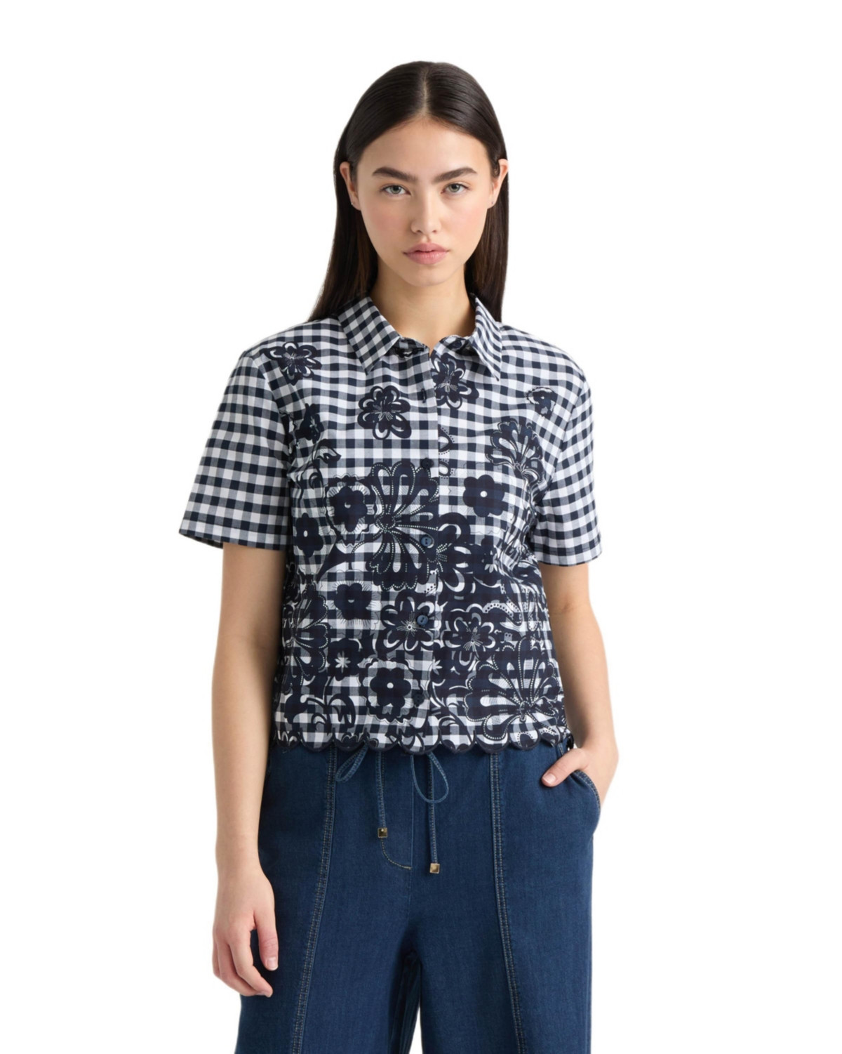 Nvlt Women's Poplin Gingham Camp Shirt - Navy gingham | Macy's