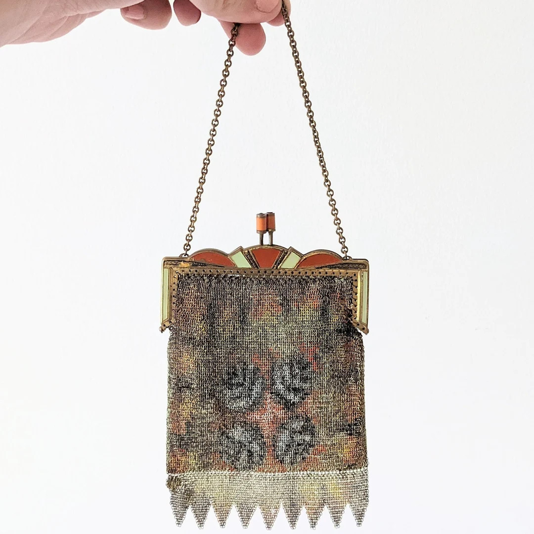 Art Deco Painted Chain Mail Purse, 1920s Enamel Mesh Bag - Etsy | Etsy (US)