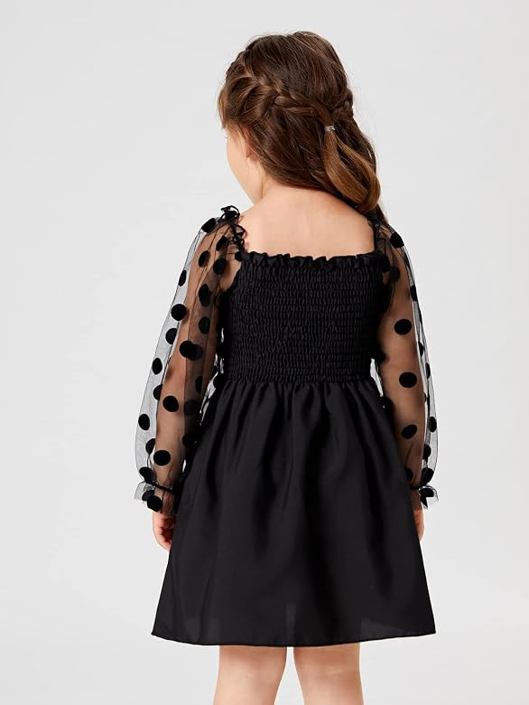 Amazon.com: WDIRARA Toddler Girl's Polka Dots Mesh Flounce Long Sleeve Flared Shirred Dress Black... | Amazon (US)