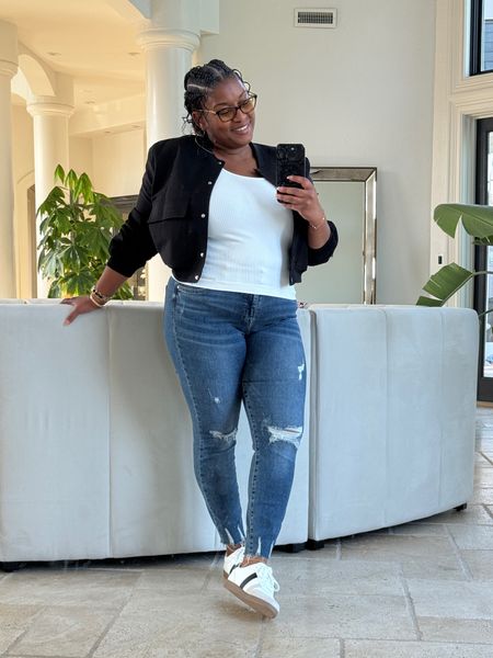 Jeans, a tee and a cropped bomb always works for a chilly Spring day. I love these sneakers too. An affordable alternative to the Adidas samba sneaker. 

#LTKmidsize #LTKfindsunder50 #LTKstyletip