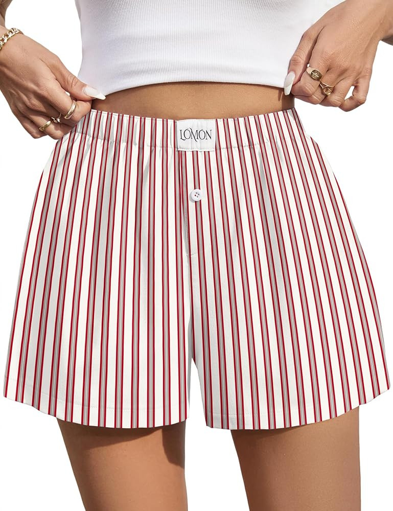 LOMON Womens Boxer Shorts Casual Summer Cotton Pajama Lounge Sleep Pj Gingham Plaid Shorts Y2K Be... | Amazon (US)