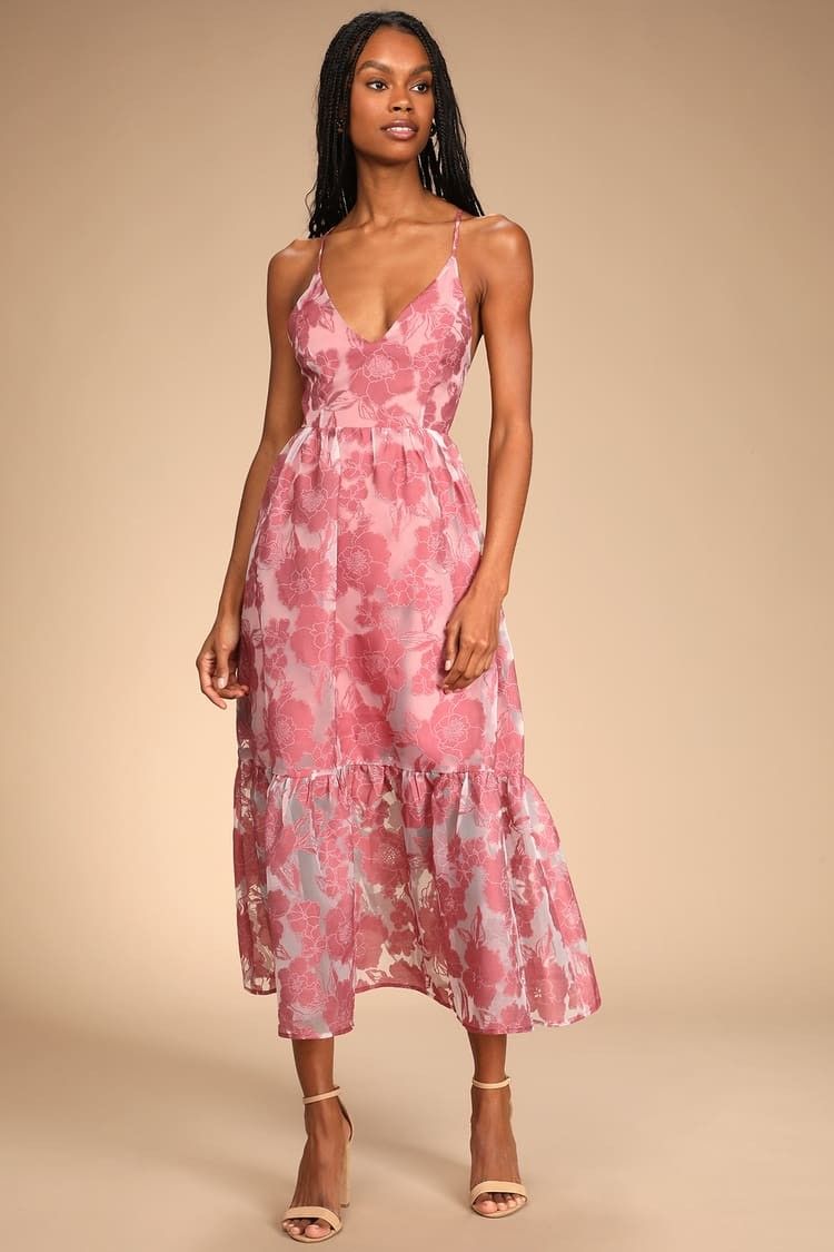 Rose Jacquard Organza Lace-Up Midi Dress Rose Dress Wedding Guest Dress Spring Outfits | Lulus (US)