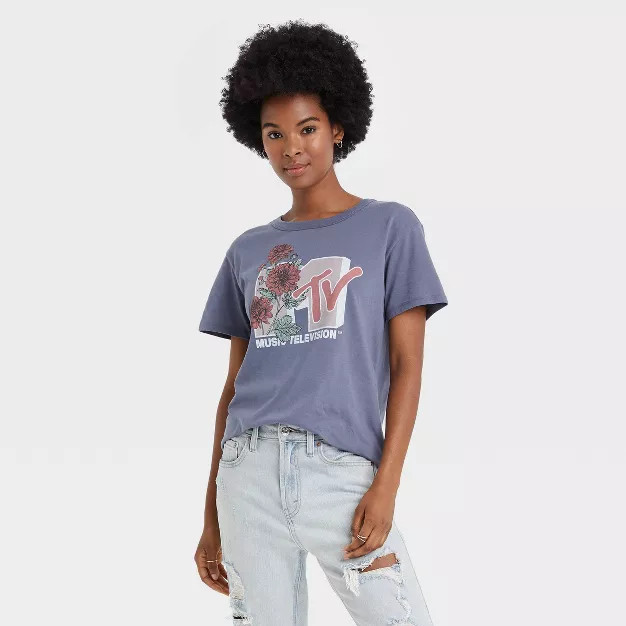 Women's MTV Floral Print Logo Short Sleeve Graphic T-Shirt | Target