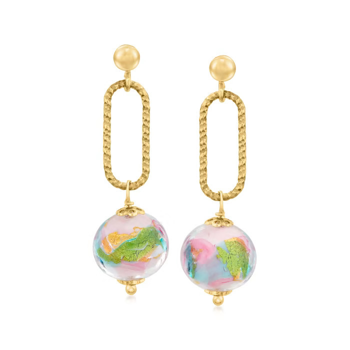 Italian Pink and Aqua Murano Glass Bead Drop Earrings in 18kt Gold Over Sterling | Ross-Simons