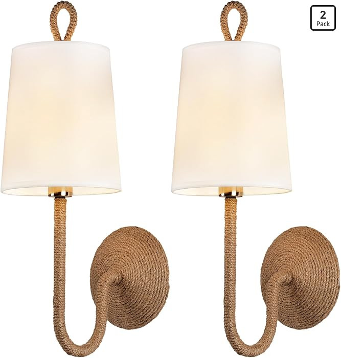 Natural Rattan Wall Sconce Set of 2: Boho Coastal Rope Woven Lamps with Linen Fabric Shades for L... | Amazon (US)