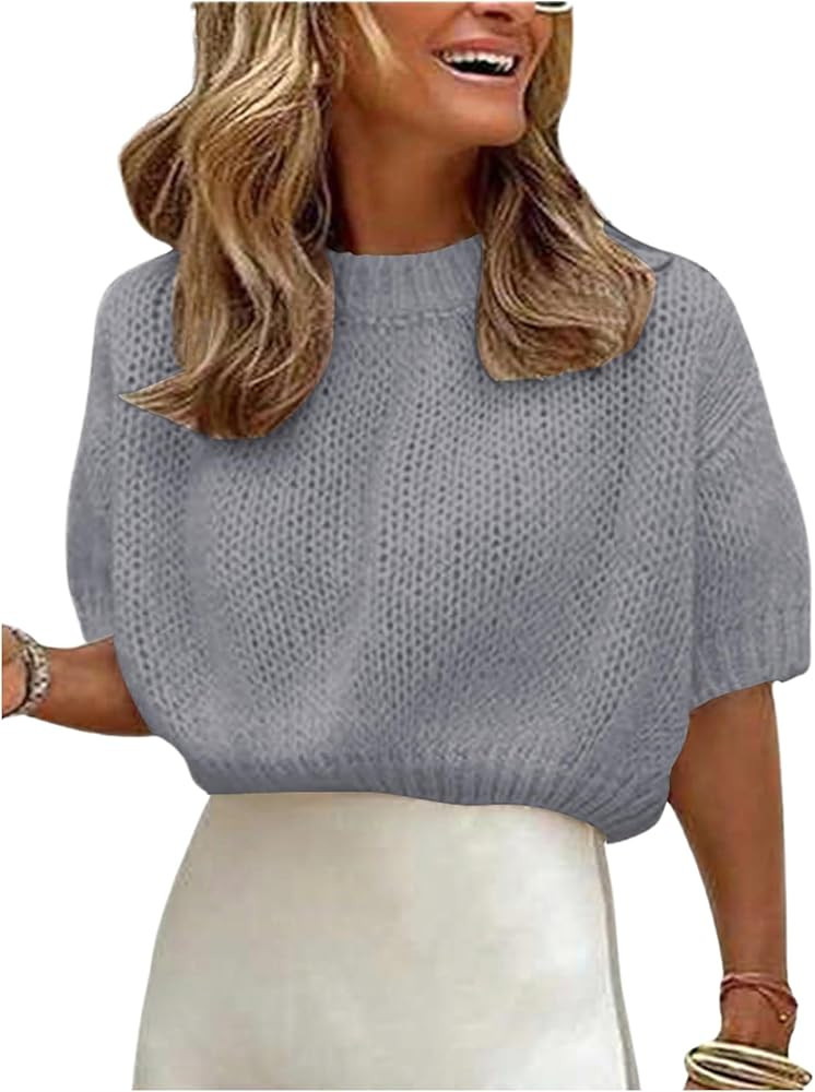 GORGLITTER Women's Puff Sleeve Crewneck Knit Shirt Top Short Sleeve Solid Loose Sweater | Amazon (US)