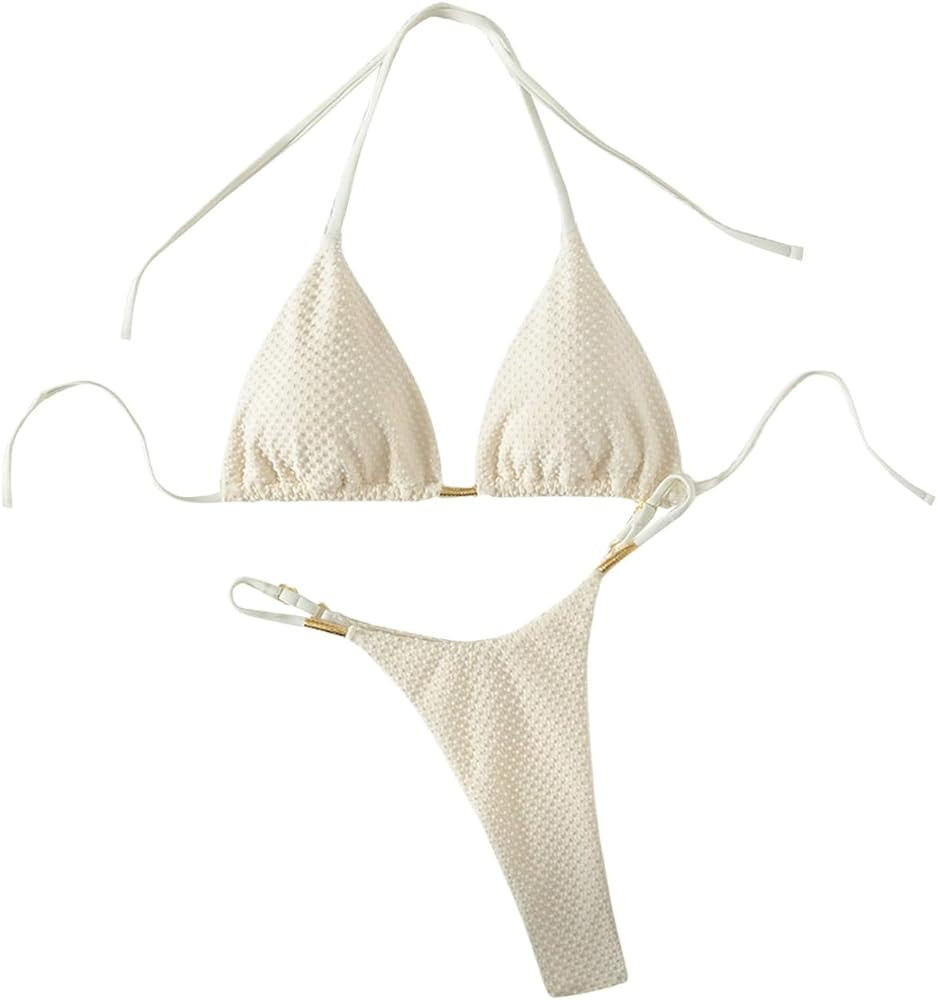 GORGLITTER Women's High Cut Thong Bikini Sets Halter Triangle Top Swimsuit Bathing Suit | Amazon (US)