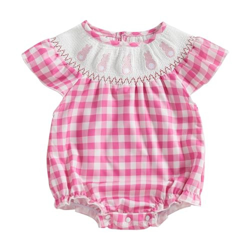 FIOMVA Baby Girl Easter Outfit Infant Plaid Bunny Smocked Romper Newborn Bubble Bodysuit Spring Summer Toddler Clothes (D Bunny Plaid Pink, 0-3 Months) | Amazon (US)