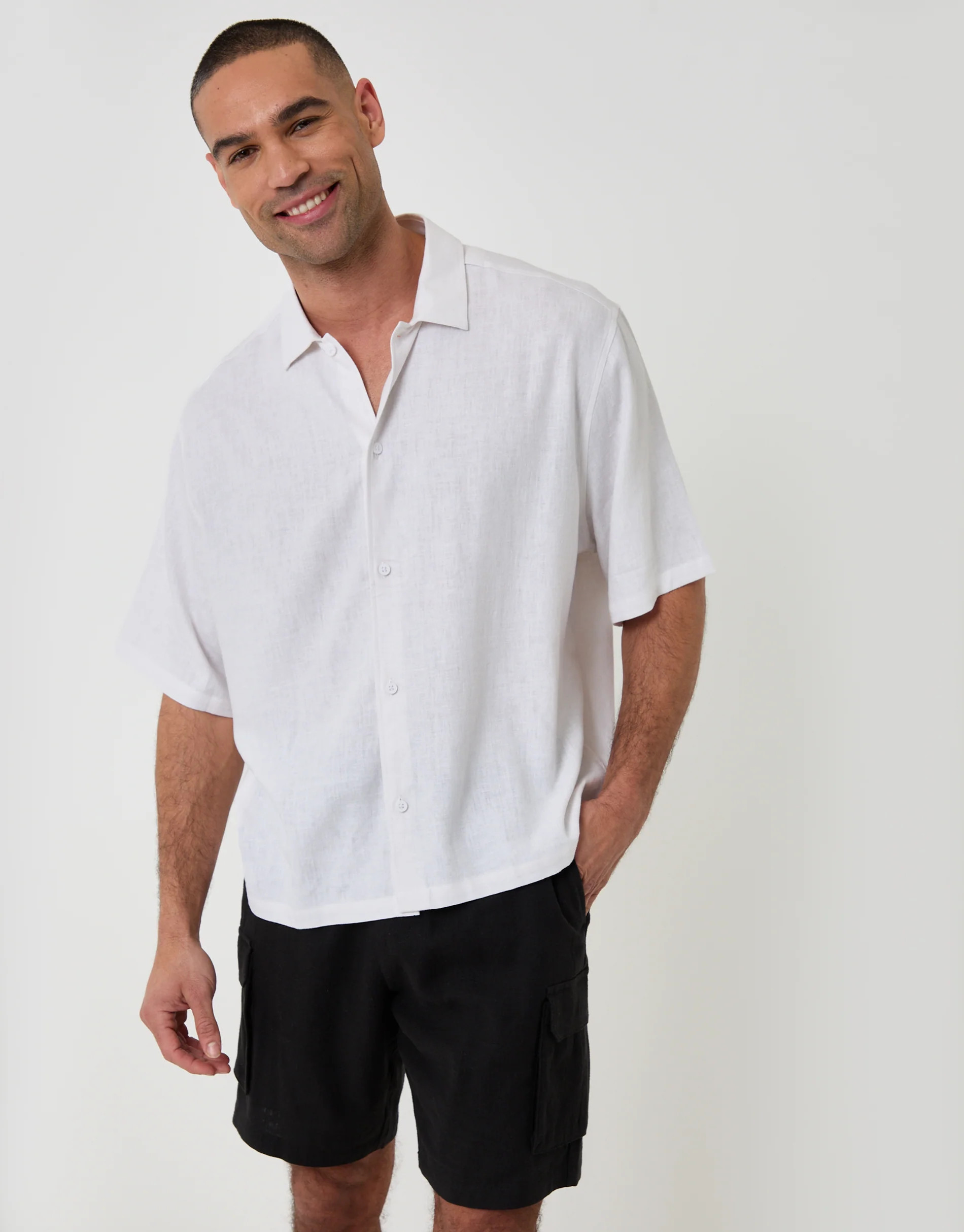 Boxy Fit Linen Blend Short Sleeve Shirt in White | Threadbare UK