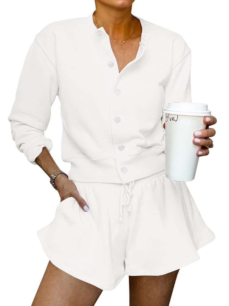 Tankaneo Womens 2 Piece Outfits Sweatsuit Button Down Tops and Shorts Casual Matching Lounge Set ... | Amazon (US)