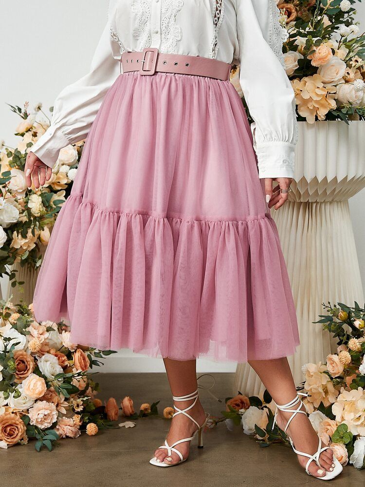 Simplee Plus Ruffle Hem Belted Mesh Skirt | SHEIN